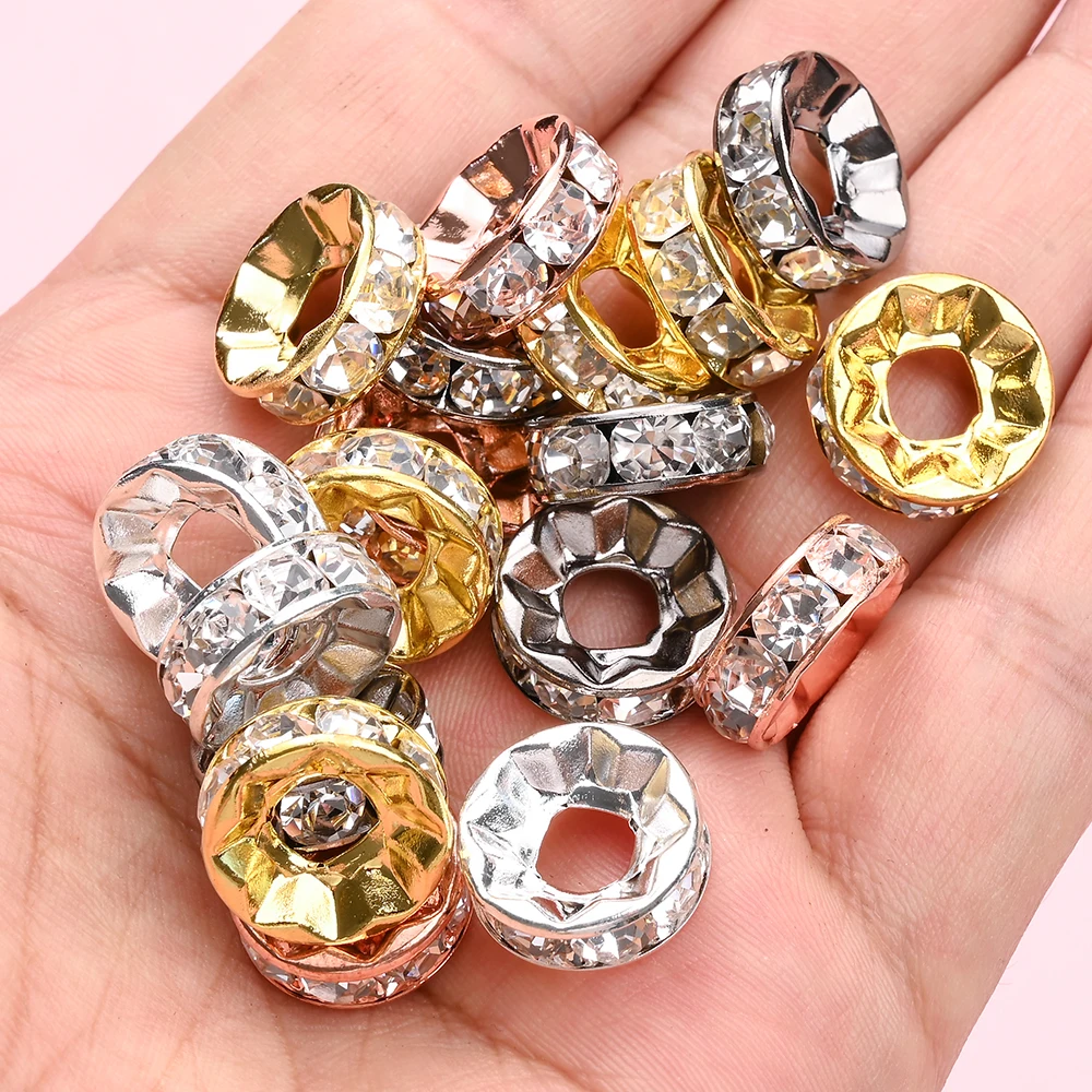 10 Stück 15mm Funkelnde Strass-Rondell-Abstandsperlen Metall-Design Kristall Lose Perlen für DIY-Bastelarbeiten, Perlenstifte, Schmuckherstellung – Detail 2