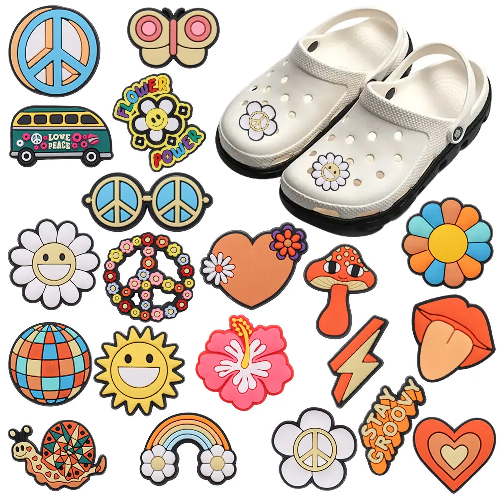 New Arrival 1pcs PVC Shoe Charms Fit Wristbands Peace Love Flower Sun Butterfly Snail Heart Mushroom Hole Slipper Decoration