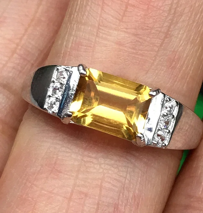 Dazzling silver citrine ring for man 6mm*8mm emerald cut natural citrine silver man ring 925 silver citrine jewelry for man