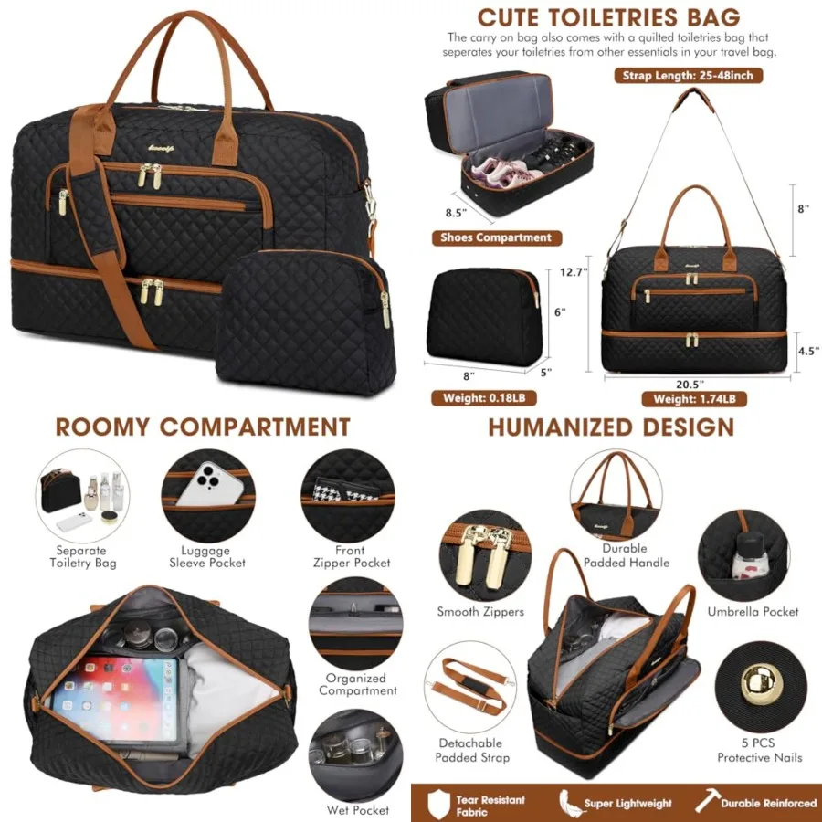 Travel Duffle Bag Weekender for Women - Carry-On Overnight Bag Personal Item Bag with Shoe Compartment and Wet Pocket Large Wee