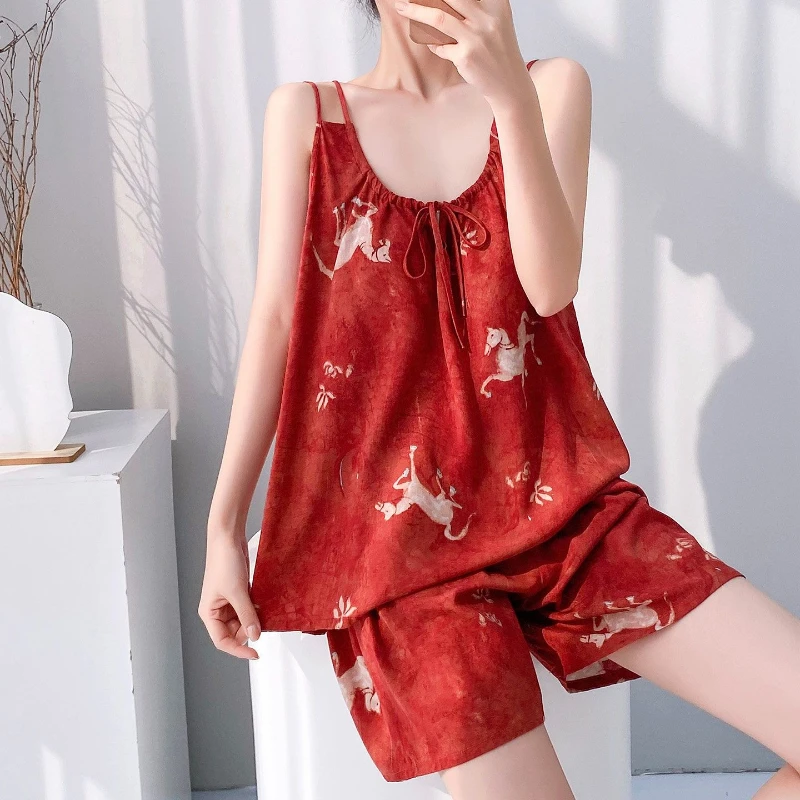 

2026Summer New Fashionable Printed Cool Home Clothes Set with Chest Pads Straps Cotton Silk Pajamas Two Piece Thin Set for Women