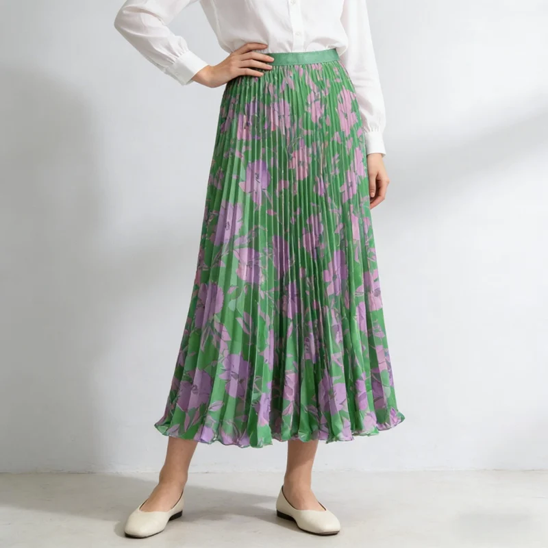 Women Flower Summer Skirt Pleated Long Skirt Vintage Casual High Waisted A-line Dance Party Beach Skirt Ankle-Length