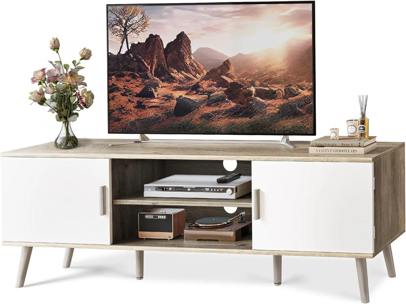 

SUPERJARE TV Stand for 55 Inch TV, Entertainment Center with Adjustable Shelf, 2 Cabinets, Console Table, Media Console