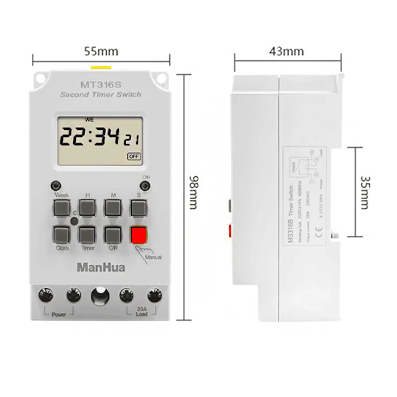 ManHua MS316B 200-240VAC 25A 68ON Programmable Din Rail Digital Timer Switch School Bell Time Controller