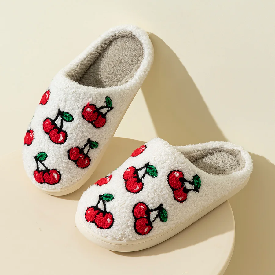 Indoor Slippers Warm Comfy Cherry Pattern Girl's Winter Cute Fruit Bedroom Soft Leisure Fuzzy Women Interesting Home Shoes