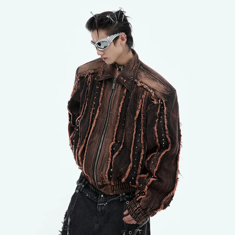 IEFB New Fashion Male Denim Jacket Shoulder Pad Metal Rivet Tassel Niche Design Men Wear 2024 Autumn Male Zipper Jacekts 24E1831