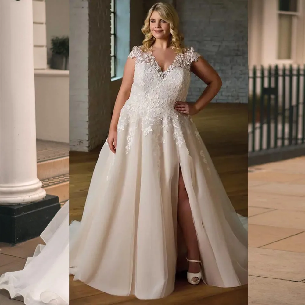 

Plus Size Wedding Dresses For Bride V-neck Side Slit A-Line Bridal Gowns Cap Sleeves Lace Applique Brides dress Customized