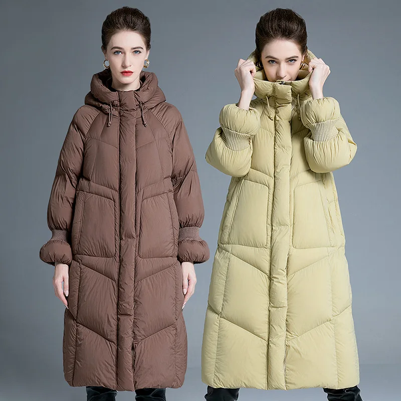 Luxury Design Women's Apparel Winter New 90% White Duck Down Thicken Hooded Oversized Fashion Slim-Fit Long Down Coat for Women