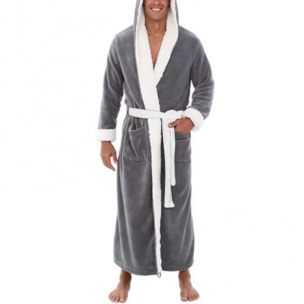 Sleepwear Soft Pockets Men Coral Fleece Color Block Long Bath Robe Home Gown Sleepwear