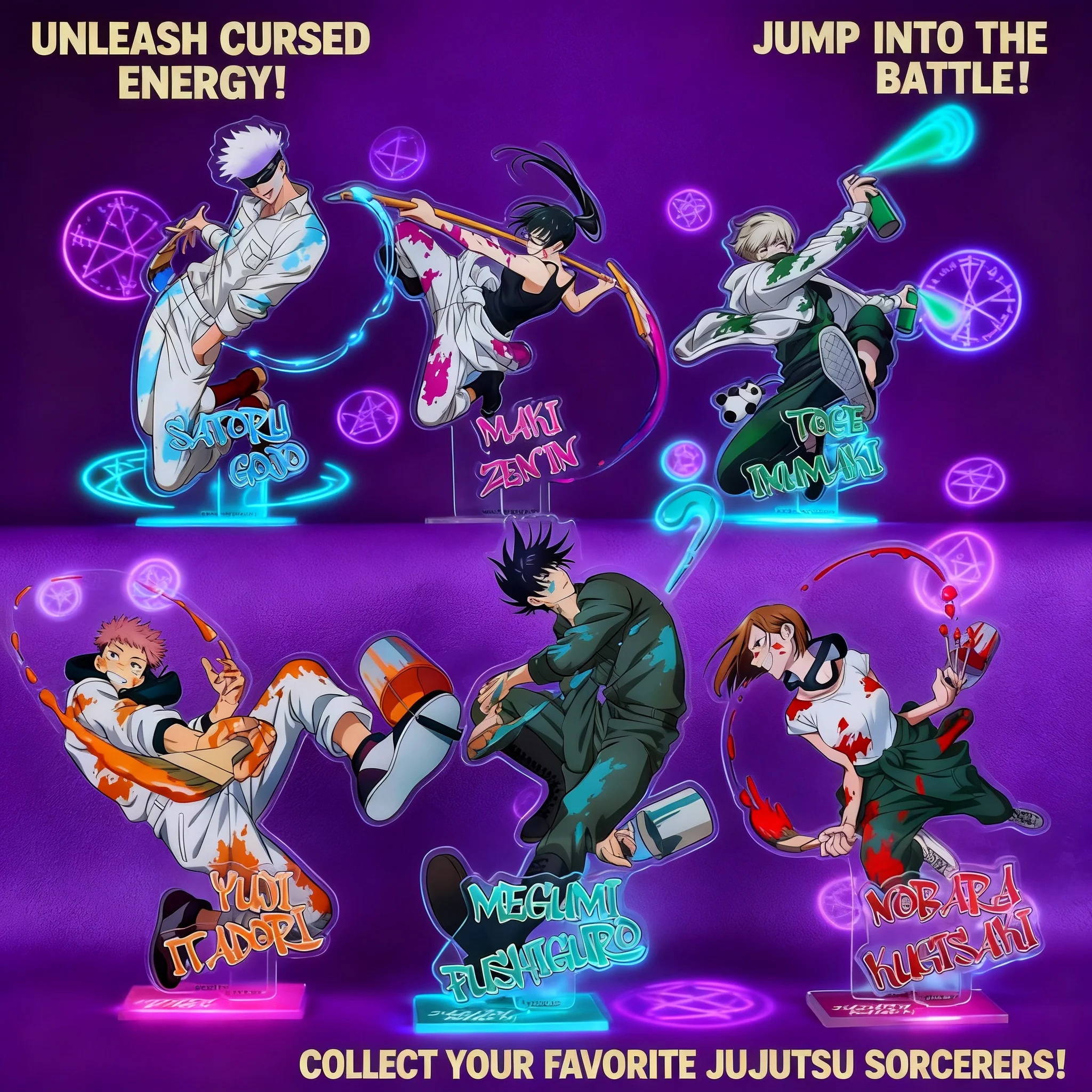 

Официальная акриловая подставка-стенд «Дзюдзюцу Кайсен» с граффити, пять персонажей: Сатору Годжо, Юдзи Итадори. Рекомендованная розничная цена 55 юаней. Аниме-мерч.