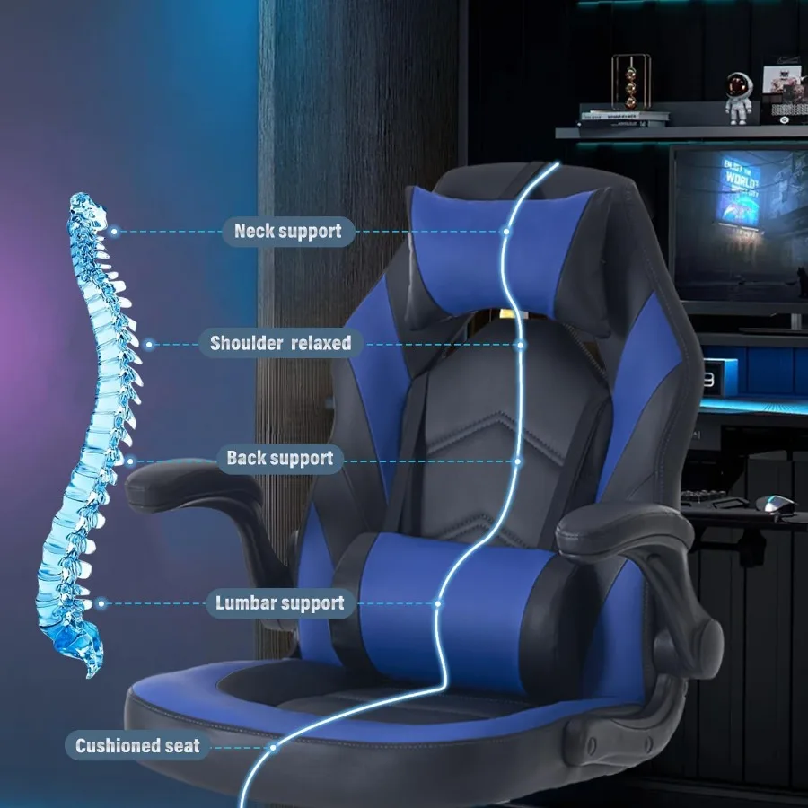 DUMOS Cadeira ergonômica para jogos, escritório, com braços articulados, para adultos, altura ajustável, couro PU, videogame, computador, chai