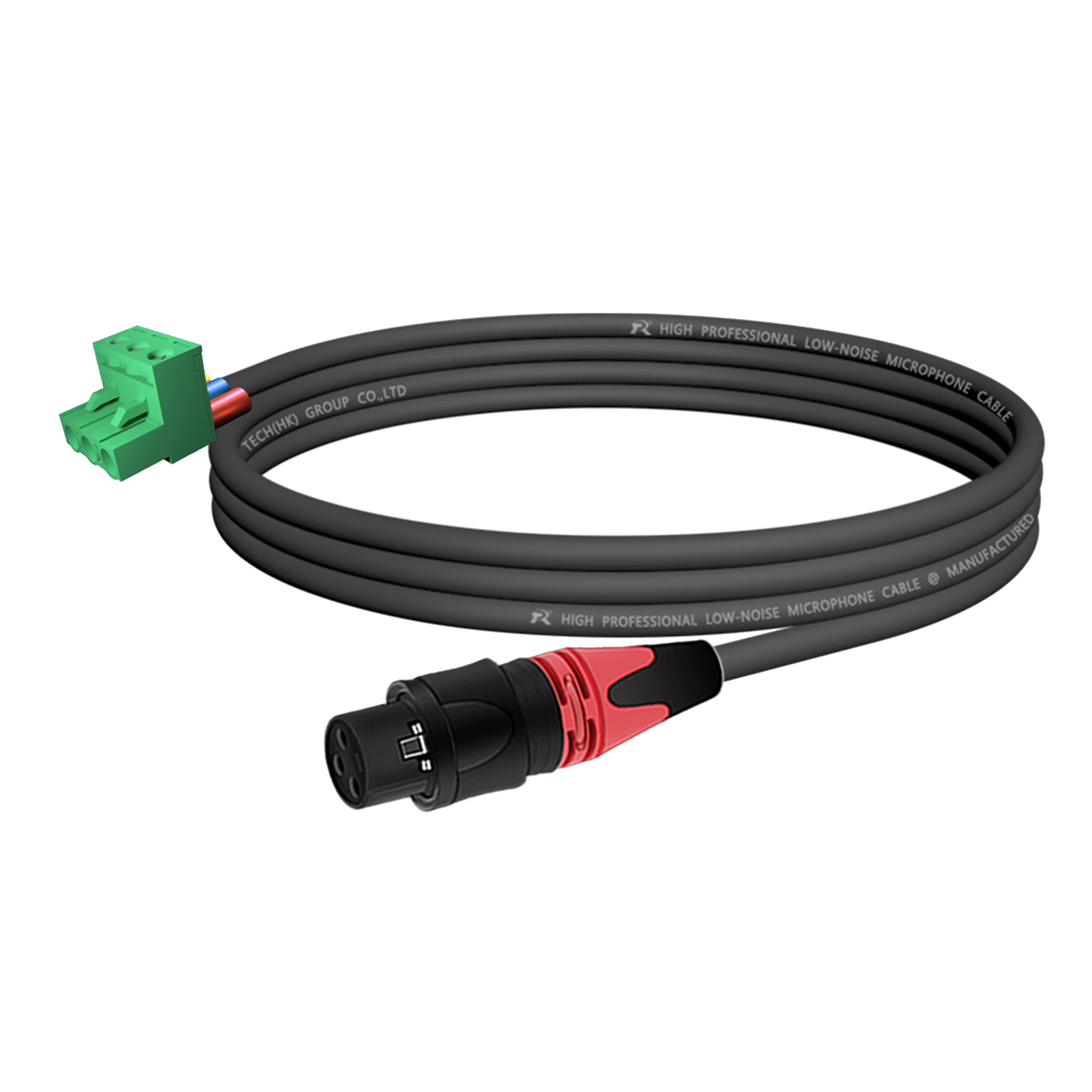 XLR mit schwarzem Rückgehäuse, mehrfarbiger rutschfester Abdeckung, verbunden mit 5,08 mm 3-poligem Phoenix-Steckeranschluss, für Audiogeräte. – Detail 12