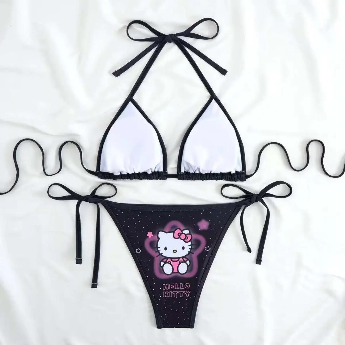 Summer New Style Y2K Kawaii Hello Kitty Halter Bikini, Black Star Print Tie Side Swimsuit, Cute Anime Bathing Suit for Summer view 3