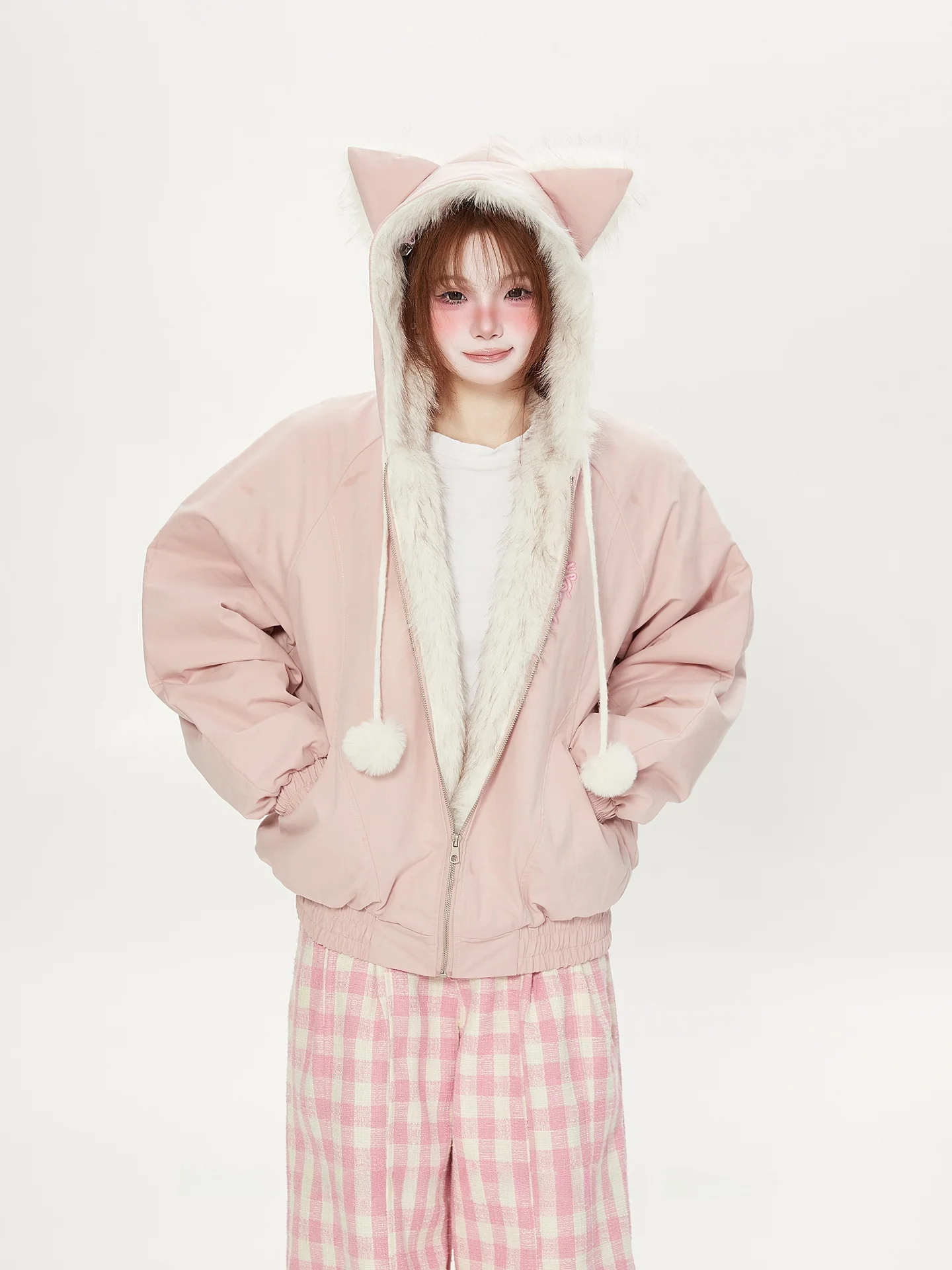 

Unique Sweet Pink Cute Plu Ear Hooded Cotton Jaet Women's Winter Duling Coat Trendy Dopane Mountain Eagle
