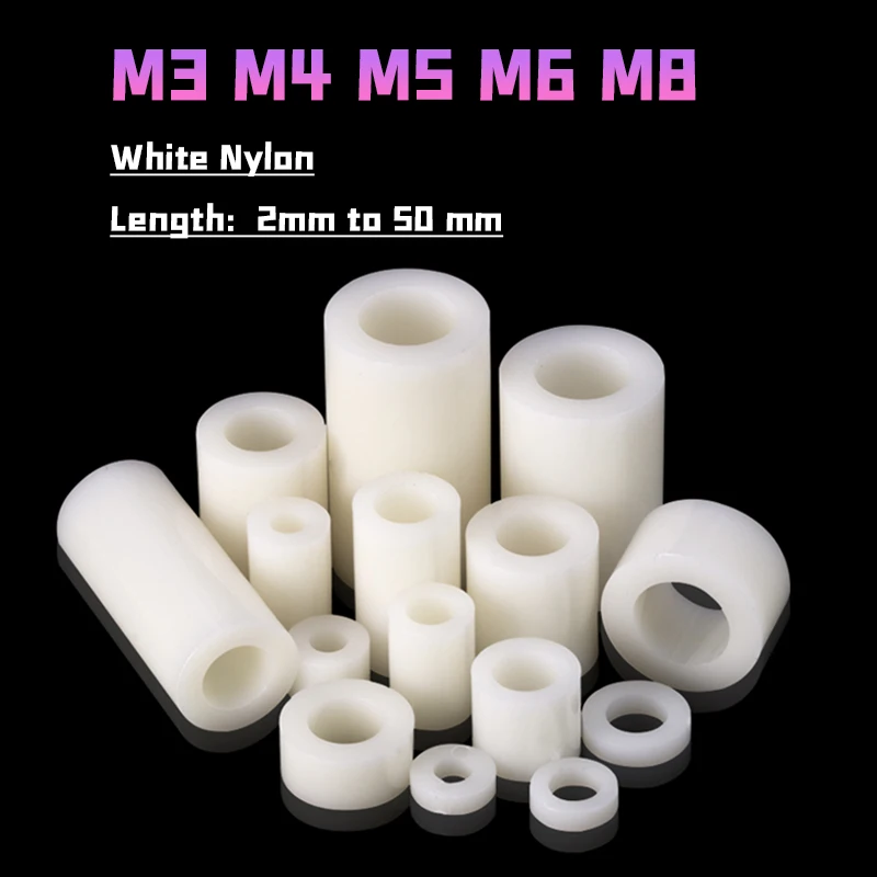 20/30/100pcs White ABS Non-Threaded Spacer Round Hollow Standoff Washer M3 M4 M5 M6 M8 PCB Board Spacer Length 2 to 50mm