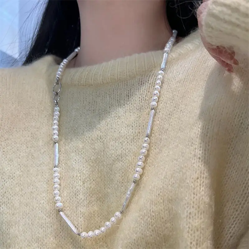 

Elegant Long Pearl Necklace 70cm 6-7mm Baroque & Round Pearls S925 Silver Clasp Gold Plated Layering Jewelry