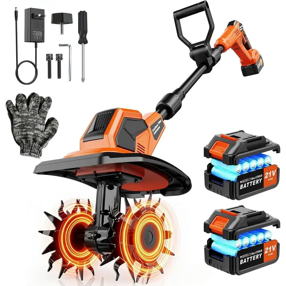 

20V Cordlees Tiller Cultivator or Gardening, 400RPM BrushlElectric Garden Tiller Battery Powered((2*3.0Ah Battery&), 9.5"Width 7