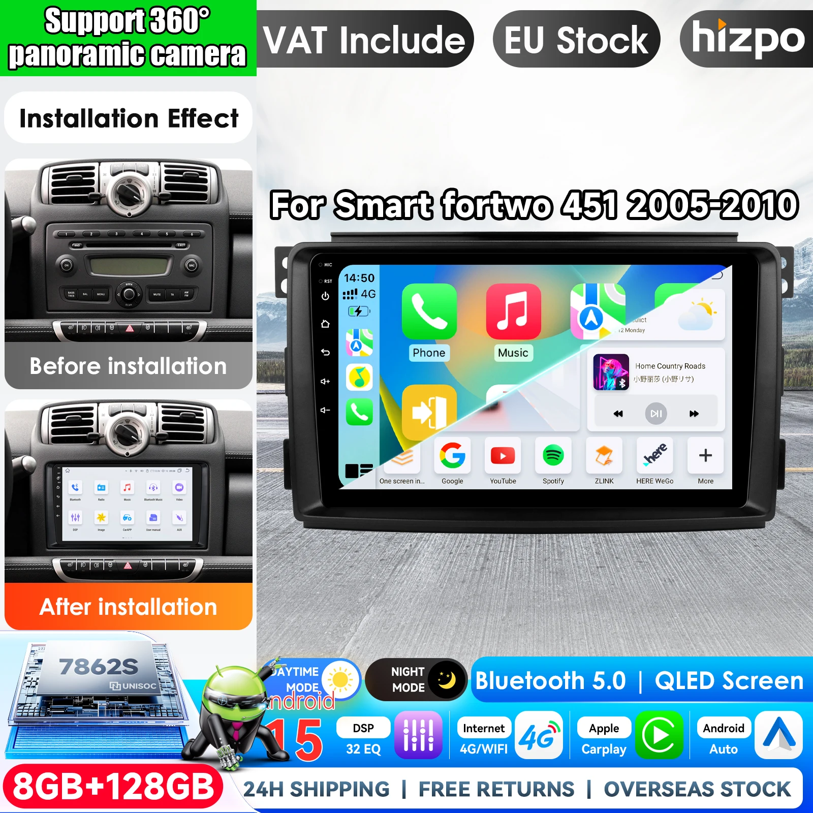 Image of 2Din Autoradio für Smart Fortwo 451 2005-2010 Multimedia-Videoplayer Navigation GPS Carplay Android Auto Bluetooth 4G Kabelloses CarPlay Android Auto Autoradio 2 DIN Multimedia-Stereoanlage mit