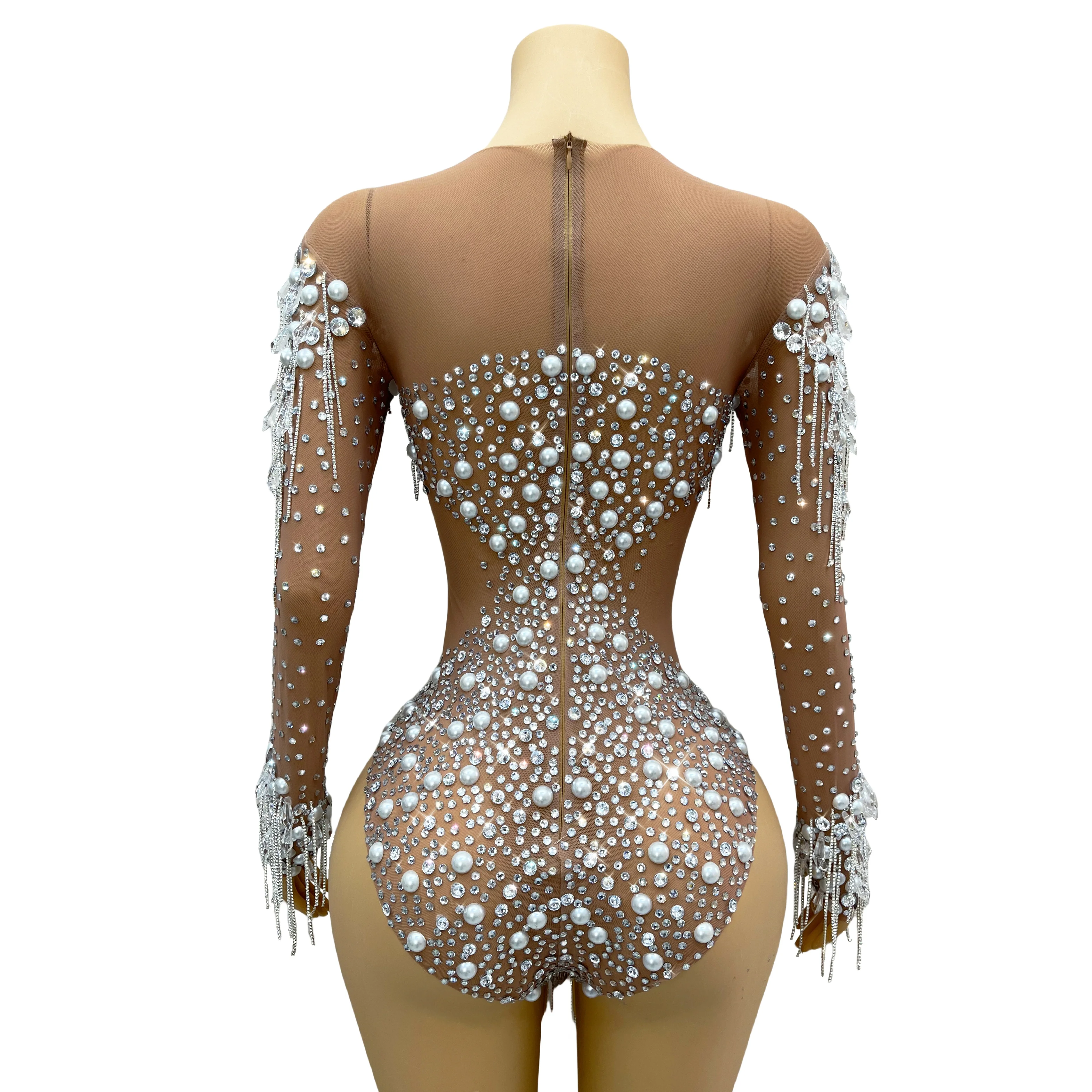 Silver rhinestone pearl chain bodysuit evening dress birthday crystal long sleeve one-piece dress show sexy dress upshuijinglian