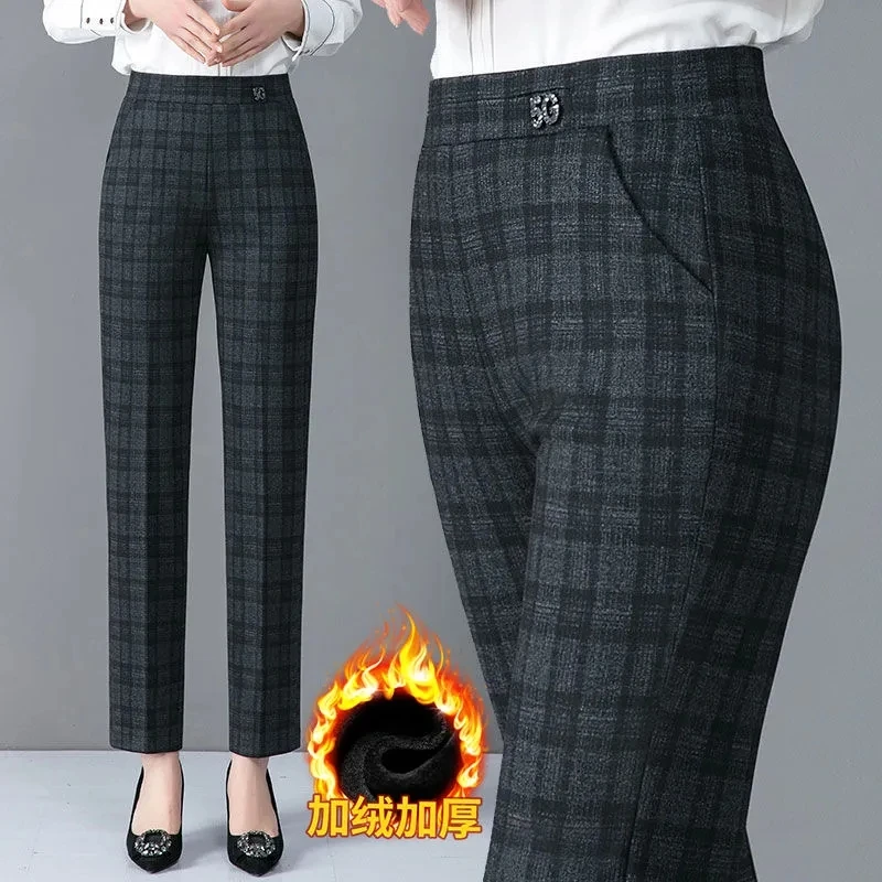 

Spring Autumn Middle Aged Women Elastic Waist Casual Straight Pants Female Trousers Winter Stripe Plaid Pencil Pants Black 6XL