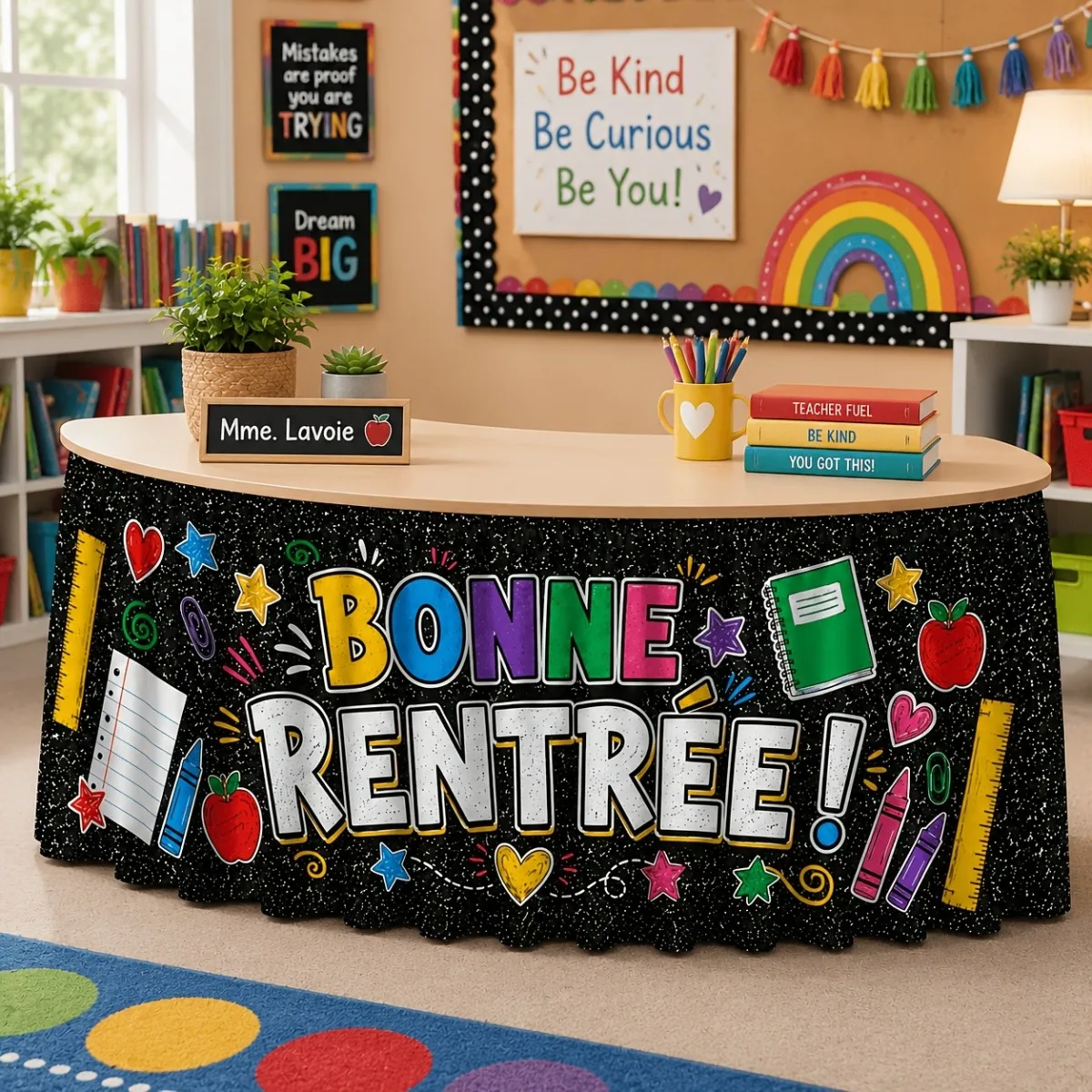 Tableskirt 2D flat printing1pc send a tablecloth, Zhuo skirt, 1pc colorful campus theme table skirt
