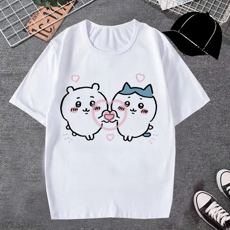 Chiikawa Hachiware Camera Heart Pattern Oversize Heavyweight T-shirt Unisex Summer Harajuku Short Sleeve Streetwear Tee