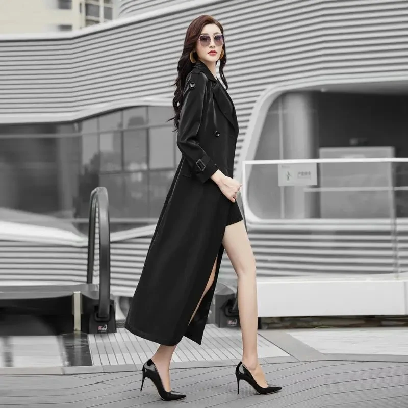 Glossy Trench Coat Womens 2025 New Spring Fashion Slim Long Windbreaker Jacket Large Size Female Quterwear Double Breasted Top