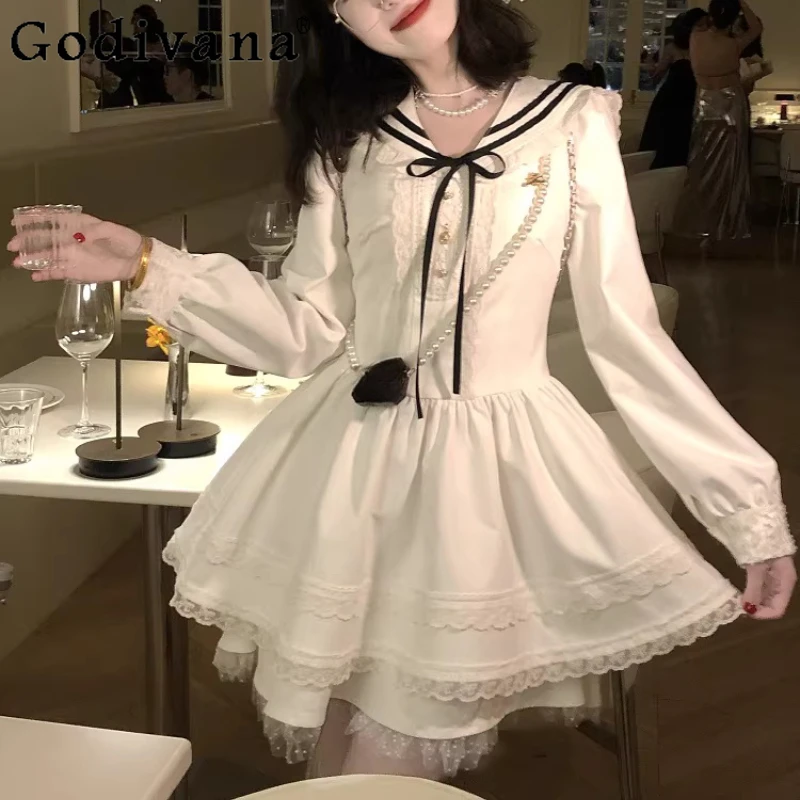 

Spring Autumn Sweet Navy Collar College Long Sleeve Cake Dress Sweet Girl High Waist A-line Versatile Japanese Princess Dresses