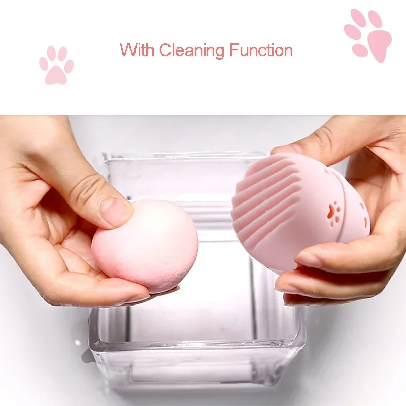 Soft Silicone Cosmetic Sponge Holder with Beauty Eggs Cute Pink Cat Powder Puff Holder Portable Sponge Puff Make Up Drying Cases