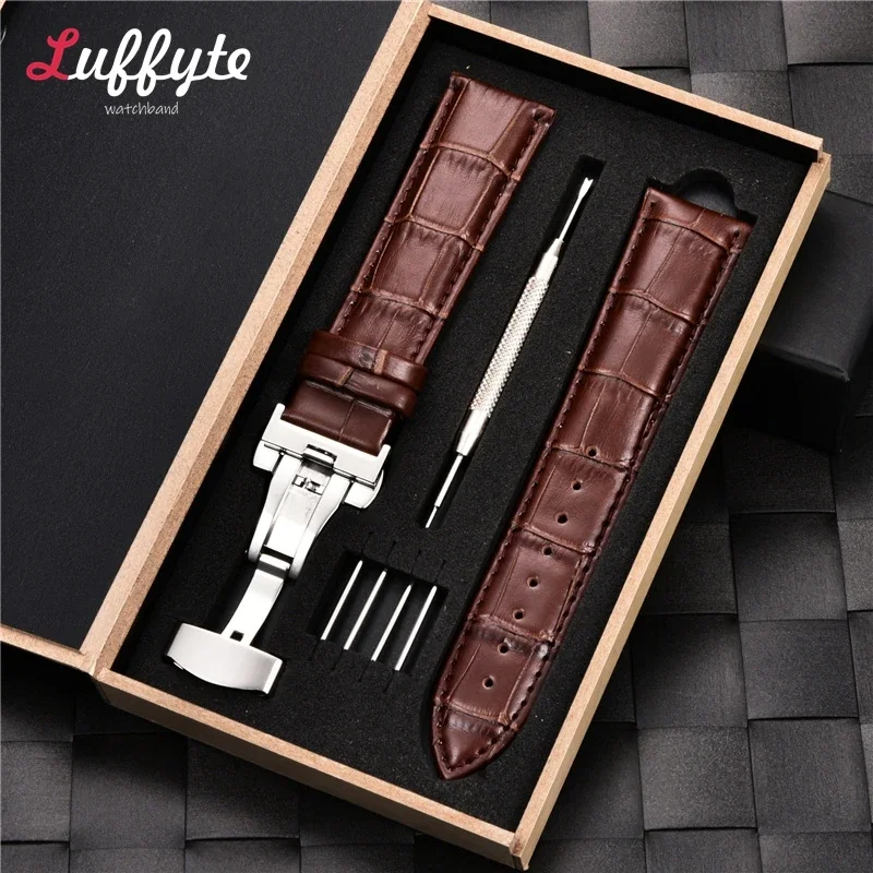 Leather Watch Band Strap with Box Stainless Steel Butterfly Clasp 16mm 18mm 20mm 22mm 24mm Genuine Leather Straps Belt Watchband