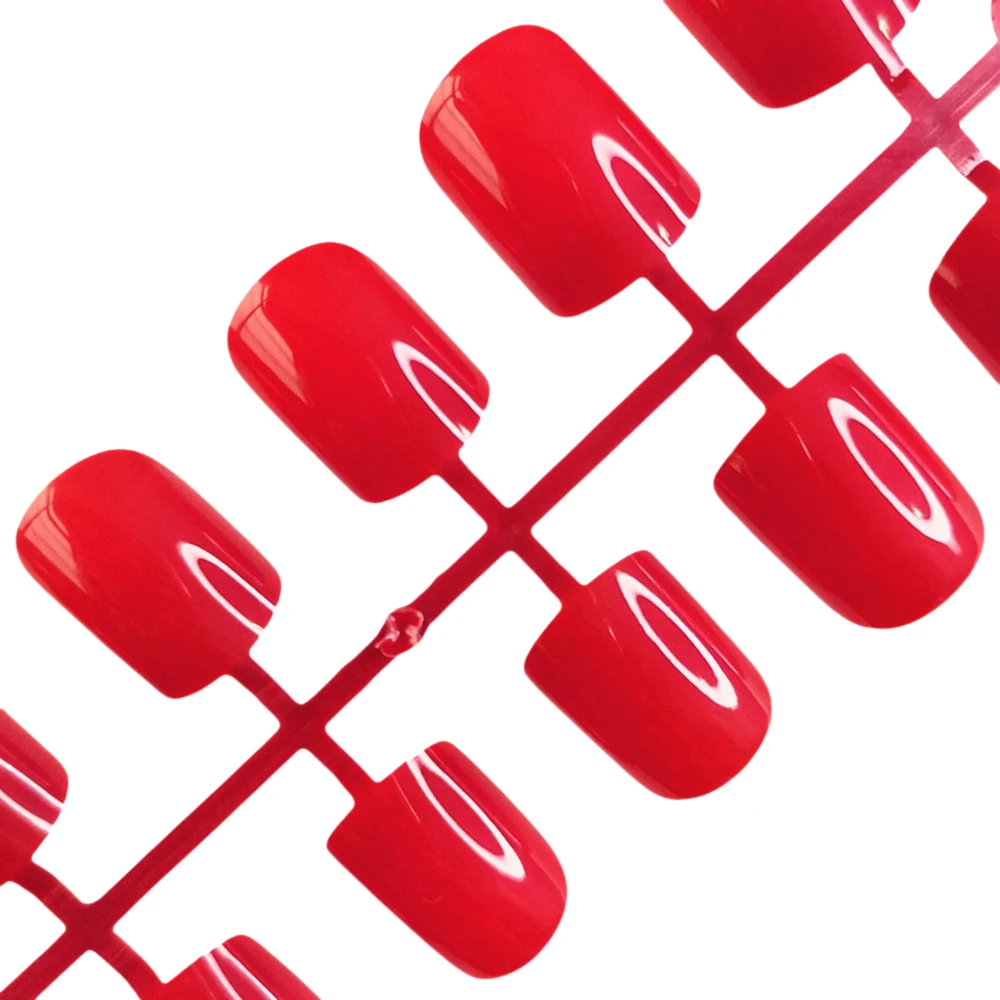 48 pezzi di unghie finte rosse lucide con colla gelatinosa, stampa artificiale quadrata corta su unghie finte, copertura completa, punta delle dita, strumento per manicure