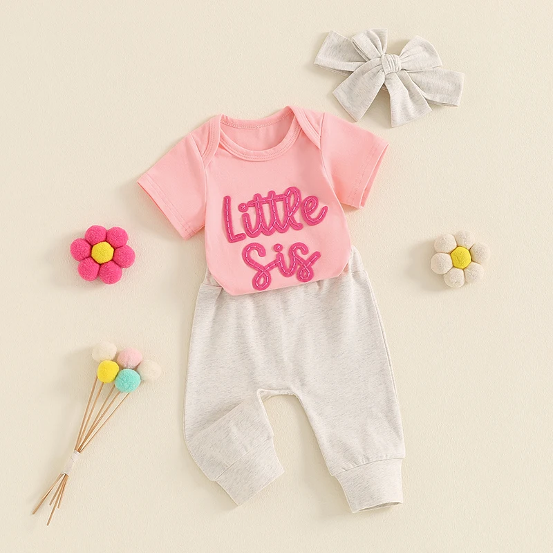 Baby Girl Little Sister Newborn Outfit Letter Embroidered Romper Bodysuit Jogger Pants Headband 3Pcs Summer Clothes