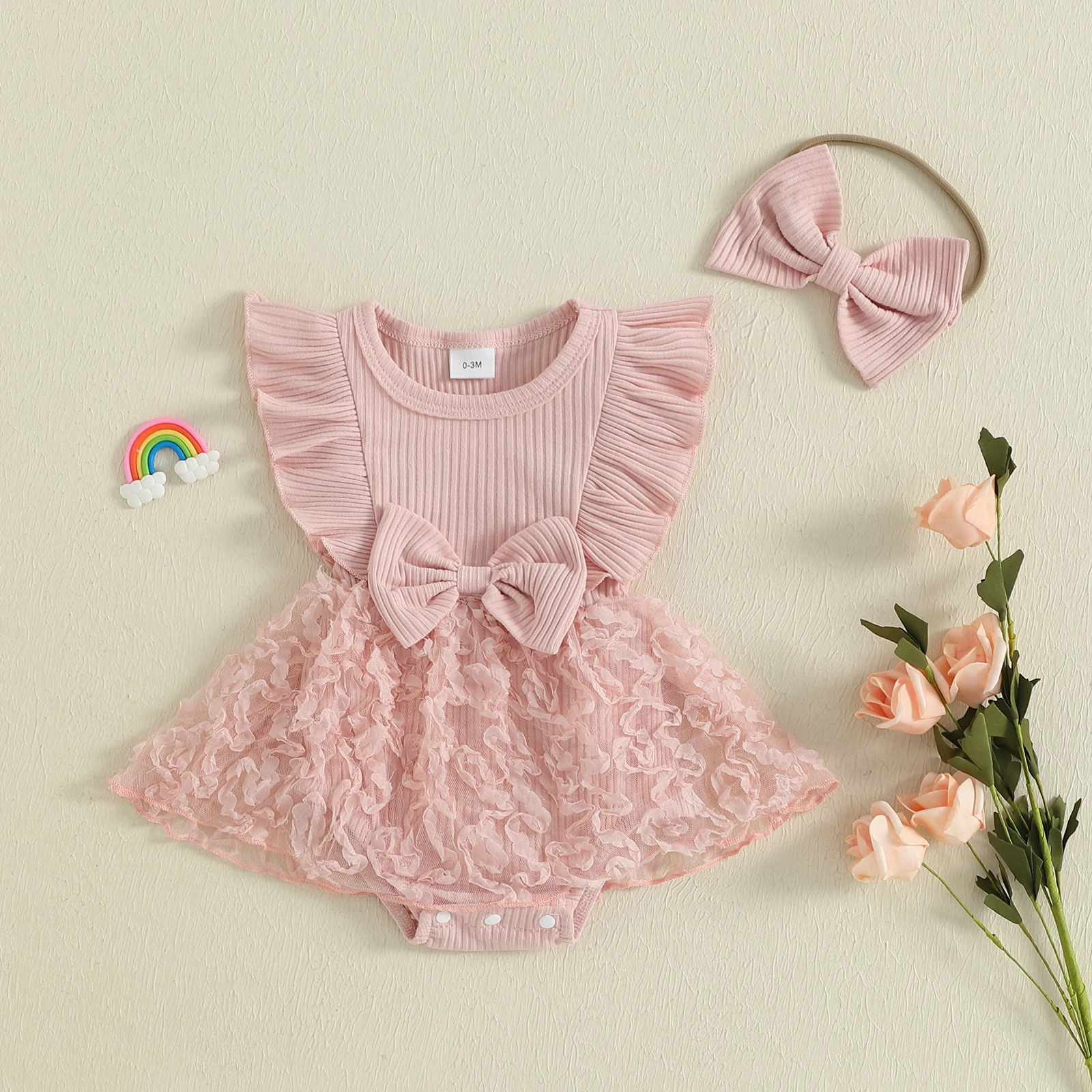 

Princess Mesh Baby Girls Summer Romper Dress Star Flutter Sleeves Newborn Patchwork Tulle Jumpsuit with Headband Clothes