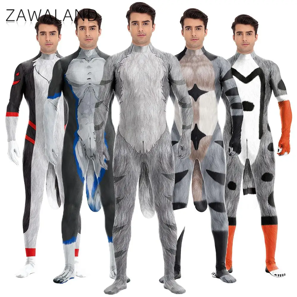 

Zawaland Furry Animal Cosplay Costume for Men 3D Print Petsuit Carnival Full Cover Bodysuit with Big Tail Crotch Zipper Catsuit