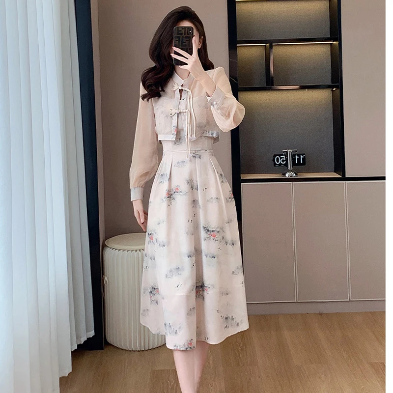 

Spring Summer Wash Painting Two-piece Set For Women Sun Protection Cardigan Tops And Long Dress Female Large Size Matching Suits
