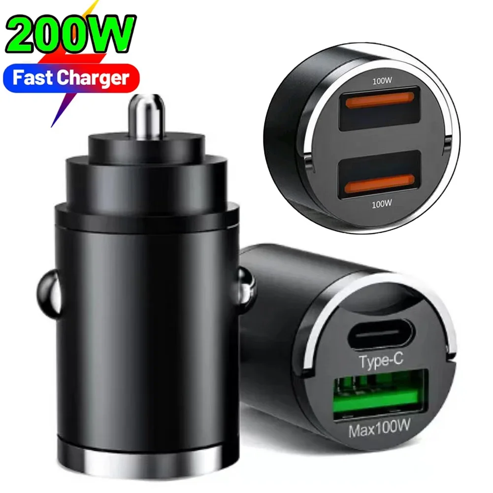200W Auto Dual Port Mini USB Ladegerät Ultra Schnelle Lade Zigarette Leichter Buchse 12-24V Aluminium handy Lade Adapter