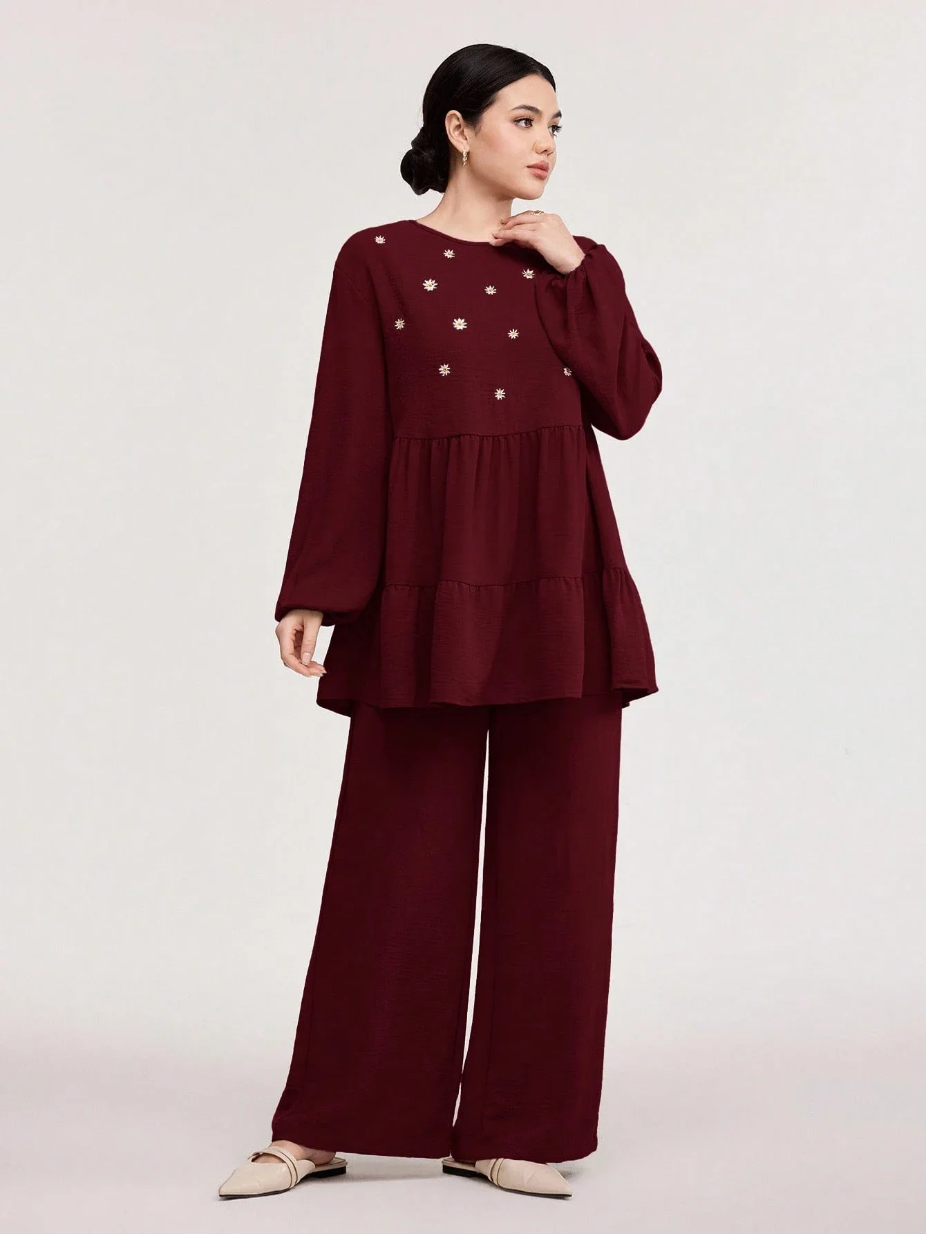 

Women Floral Embroidery Round Neck Long Sleeve Peplum Top And Wide Leg Pants Set