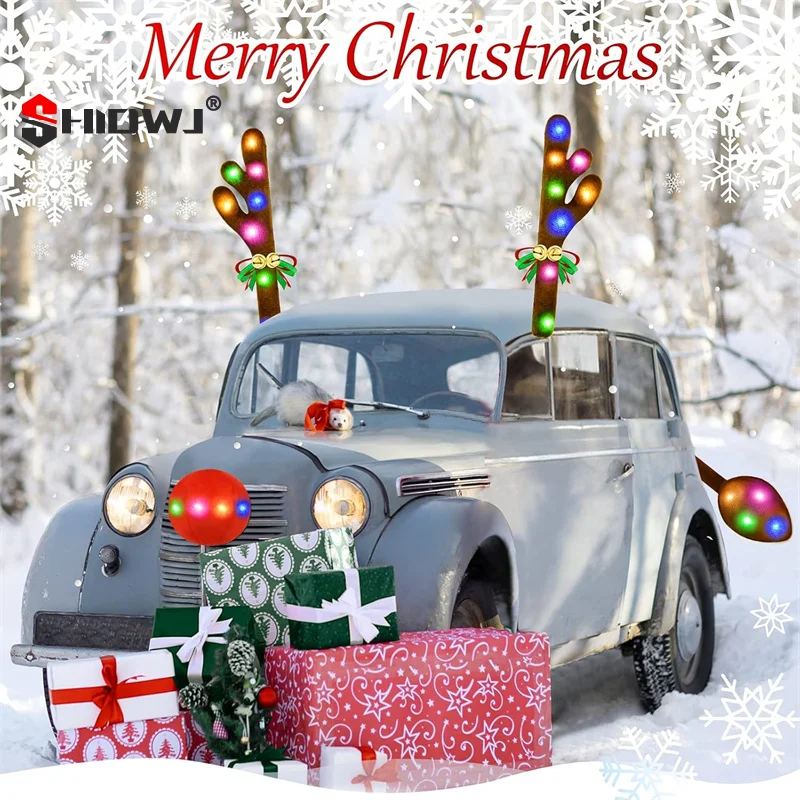 

Reindeer Antlers Car Decoration Kit, LED Multicolor Lights Nose Vehicle With Jingle Bells Rudolph For SUV Truck Decor