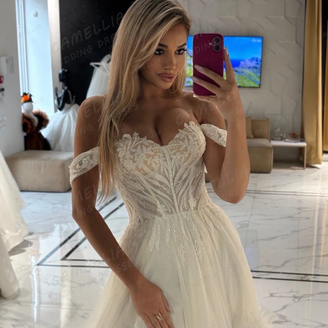 Exquisite Lace Wedding Dresses A Line Women Sexy Side Split Bridal Ball Gowns Off SHoulder Vestidos De Novia Customized Fluffy