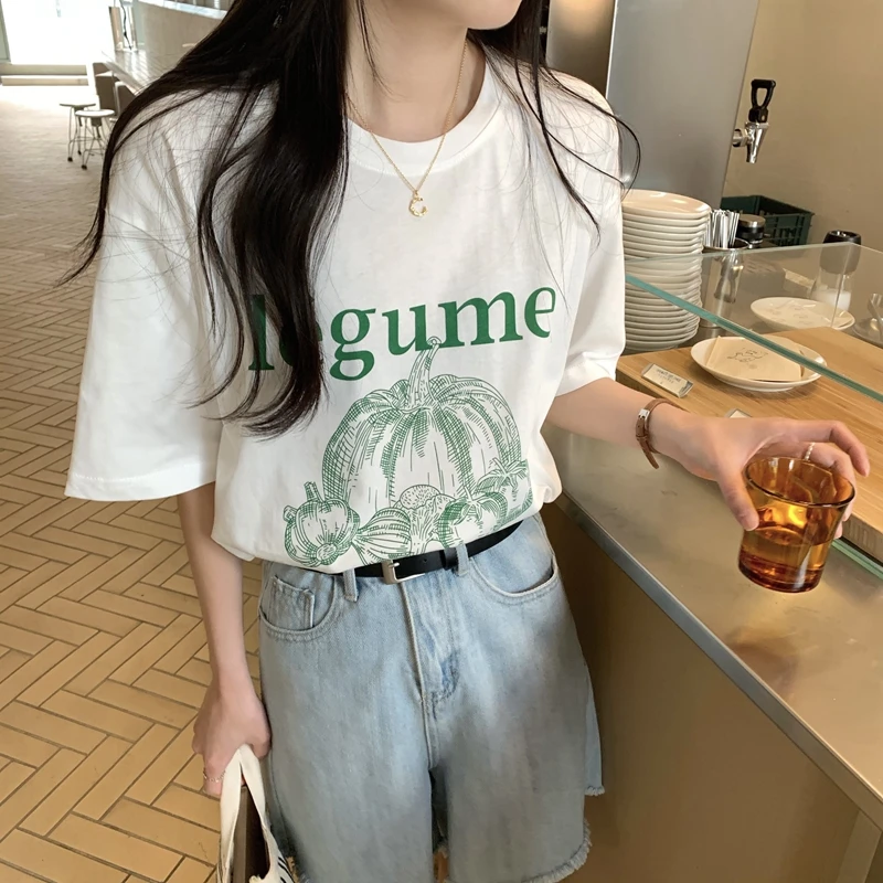 Pumpkin Print Summer T-Shirts Women O-Neck Short Sleeve Casual Korean Shirts Letters Loose Vintage Elegant Tops Tees White