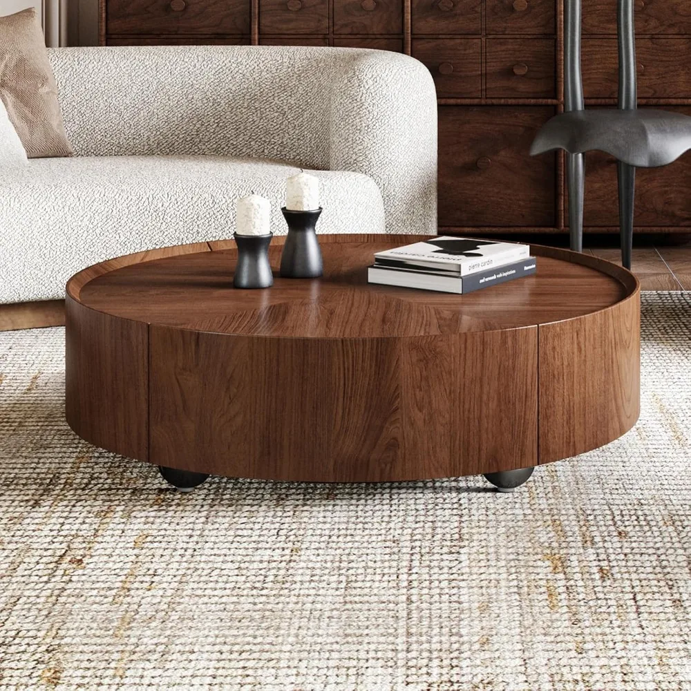 

31.5 Mid-Century Modern Walnut Coffee Table with Storage Drawers Fully Assembled Round Corners |Elegant & Durable