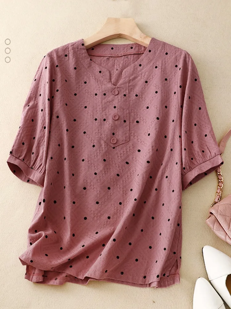 

Summer New Cotton Linen Polka Dot Print T-irt Women Young Mothers Retro Embroidery Linen ort Sve Base Top