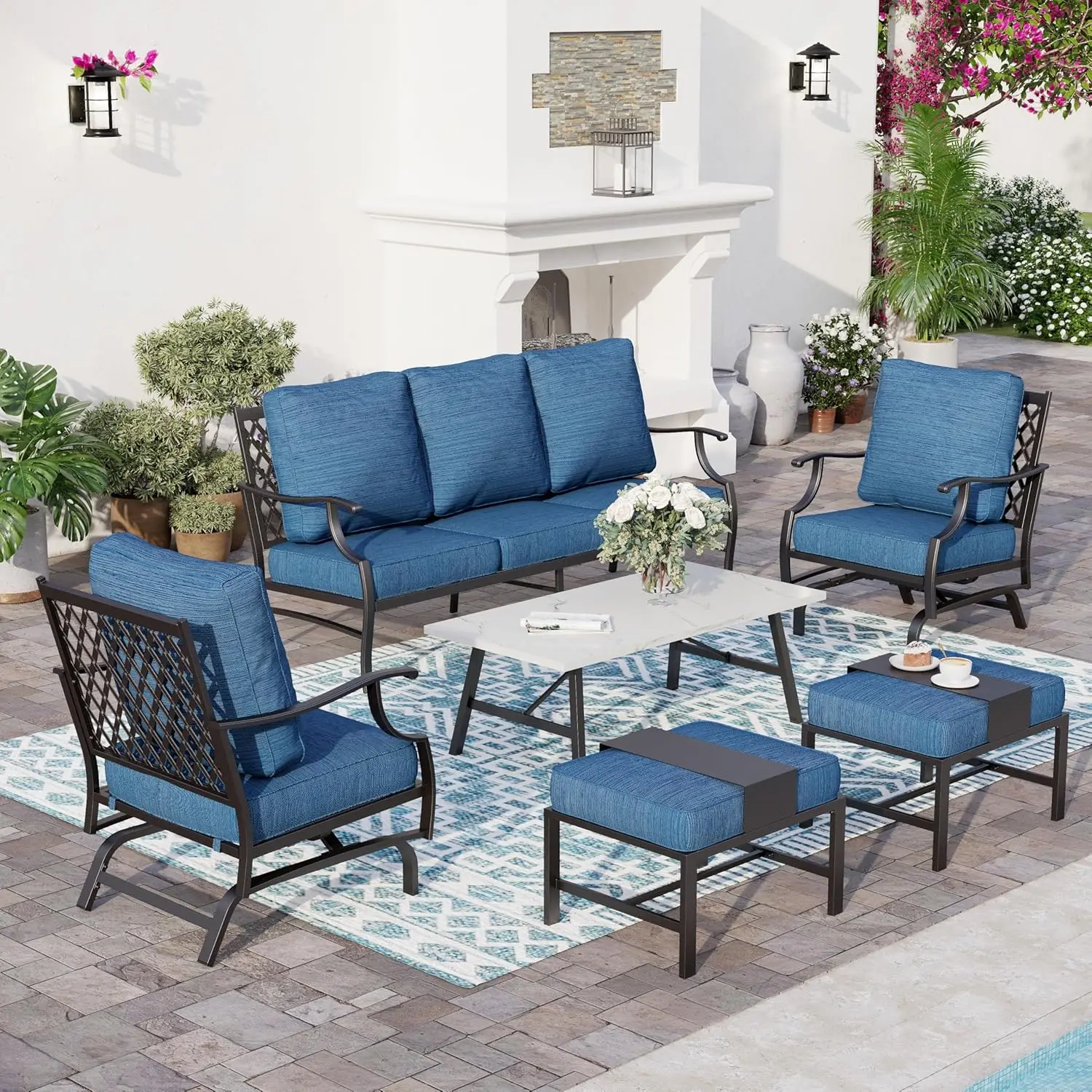 6 Piece Metal Outdoor Patio Furniture Set, Patio Conversation Set 3-seater Sofa, 2 Rocking Chair, 2 Ottomans with 5.75