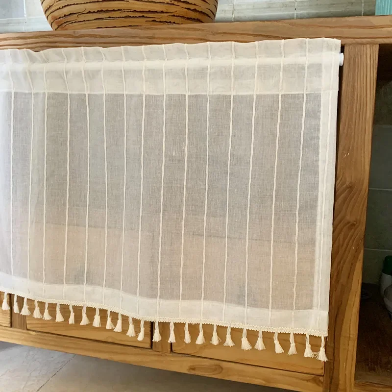 Boho Sheer Curtain Valance Striped Lace Short Curtain Drape with Tassels Rod Pocket Semi-Sheer Window Treatment for Cafe Kitchen