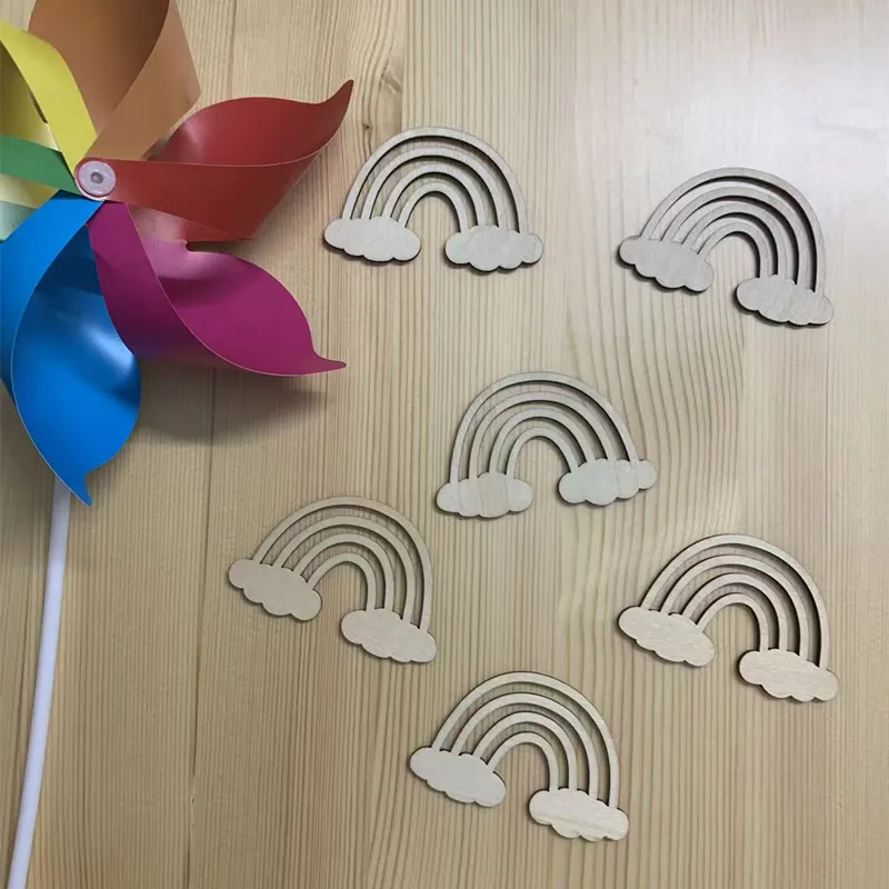 INS Nordic Wooden Wall Stickers 3D Rainbows Clouds Flowers Wood Sticker Kids Room Decoration Ornaments Home Crafts Nursery Decor