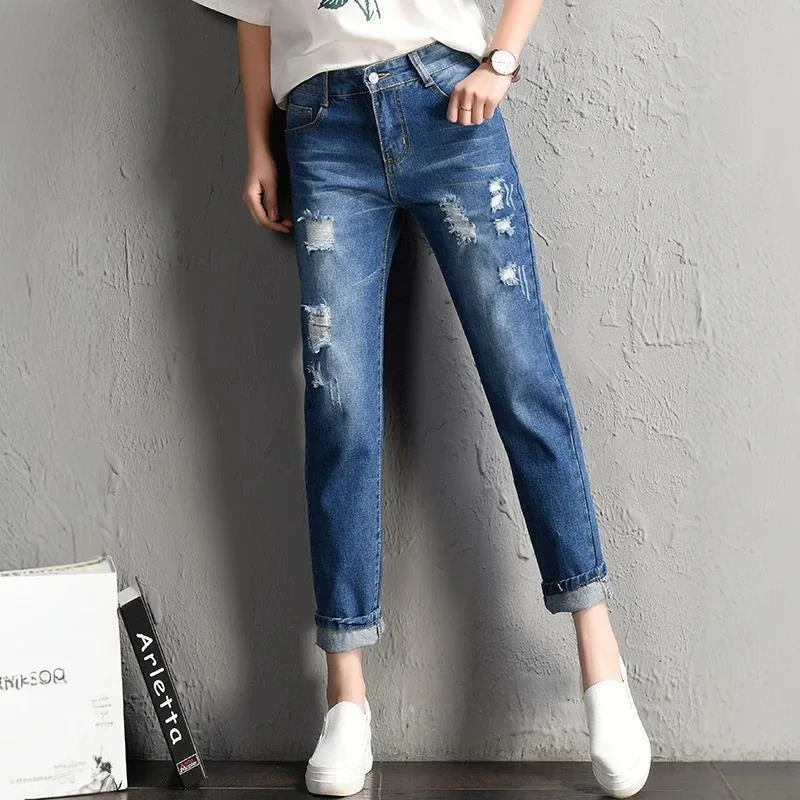 Women's High Waist Loose Casual Denim Jeans Spring Summer Autumn Winter Hole Punch Nine Points Harlan mid Waist All Match