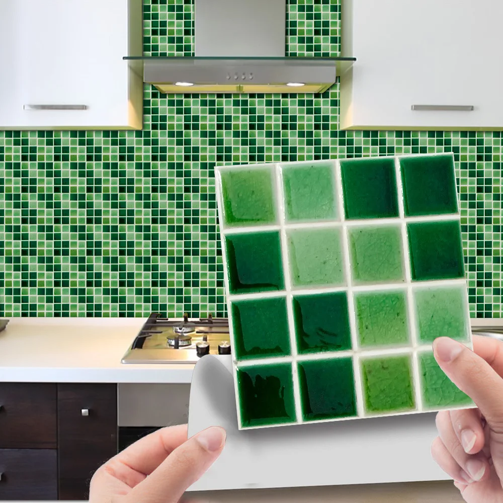 10pc Green 3D Mosaic Grid Tiles. 10/15/20cm Kitchen Bathroom Self-adhesive Square Wall Stickers Removable Wall Decoration