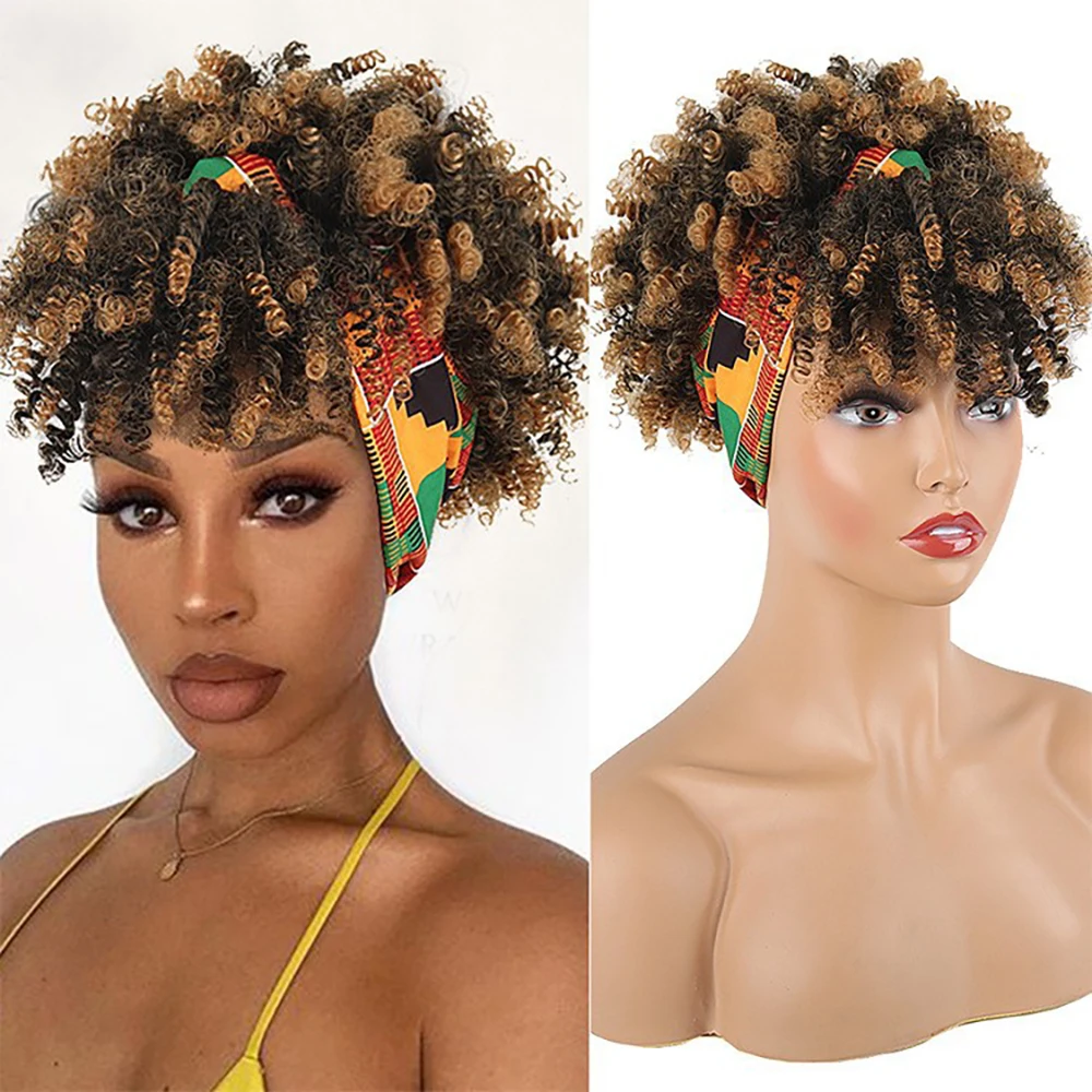 Short Afro Kinky Curly Turban Wig with Bangs African Print Headwrap Wig Glueless Easy Wear For Women Multiple Styles Available