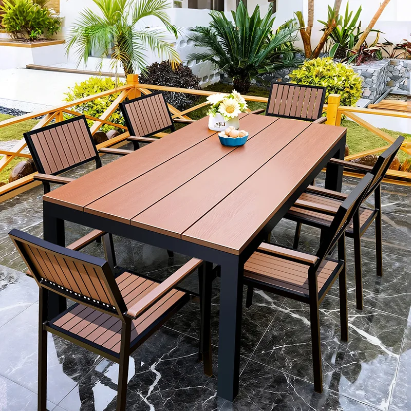 

Modern Durable Plastic Wood Foldable Waterproof Garden Furniture Courtyard Hotel Table Chair Kit Outdoor Patio Dining Table