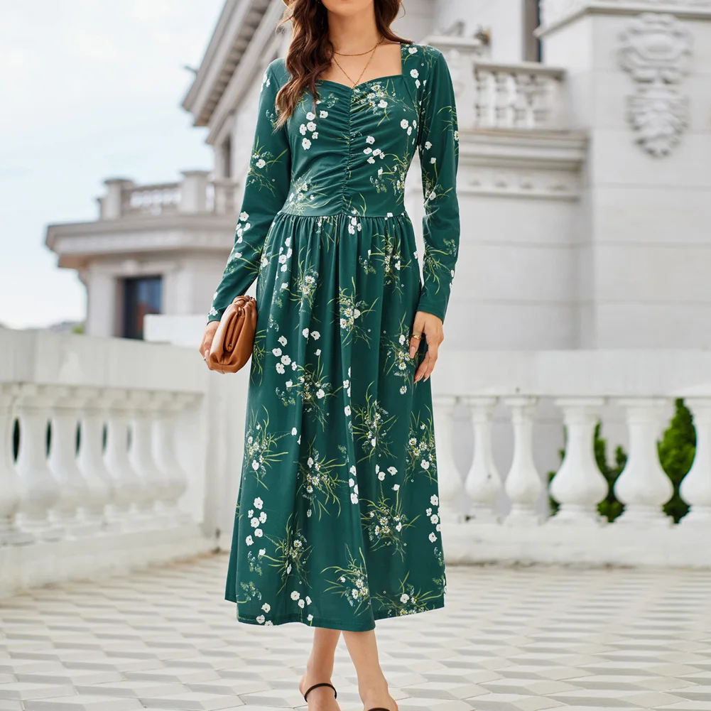 

GRACE KARIN Womens 2023 Boho Floral Maxi Dress V Neck Long Sleeve Casual Ruffle Smocked A-line Pleated Flowy Beach Dress